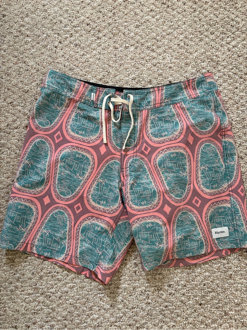 Rhythm. Men’s Coral & Teal Patterned Board Shorts